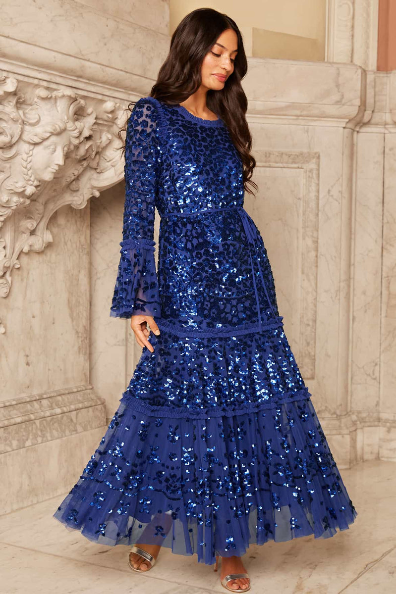 Annie Sequin Tiered Ankle Gown – Blue | Needle & Thread