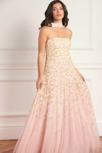 Lea Ditsy Strapless Cape Gown