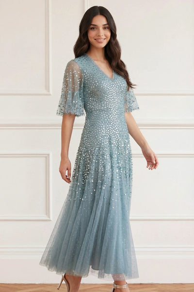 Dappled Sequin Cape Ankle Gown