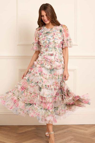 Floral Romance Rundhalsausschnitt Ballerina Kleid