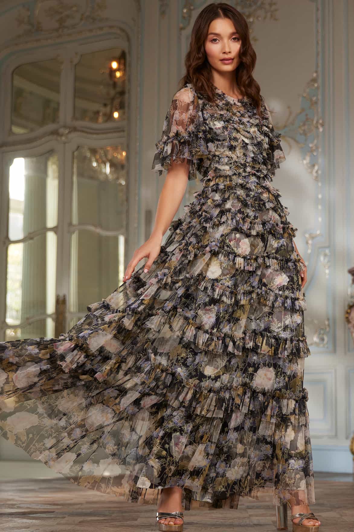 Moonlight Petals Round Neck Gown Black Needle & Thread