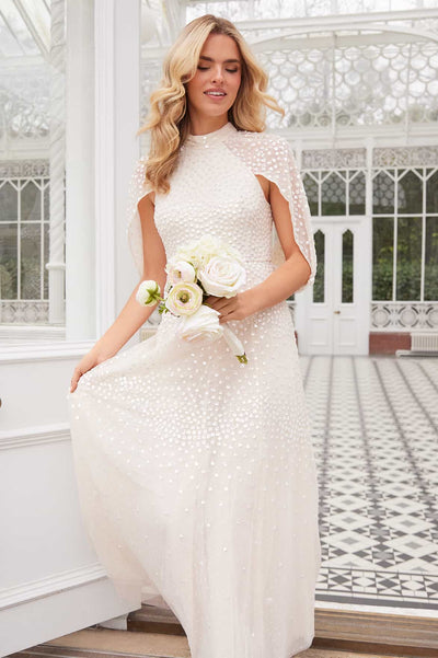 Scallop Sequin Cape Ankle Gown