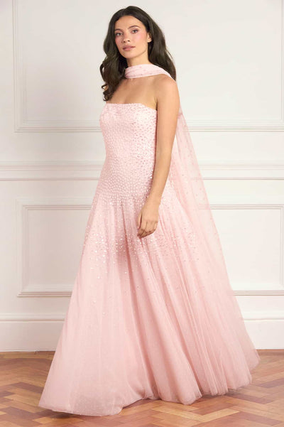 Sunrise Sequin Strapless Cape Gown