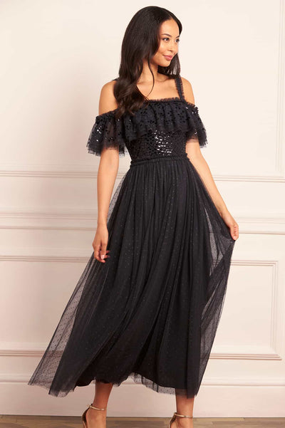 Dappled Sequin Bodice Off-Shoulder Ankle Gown