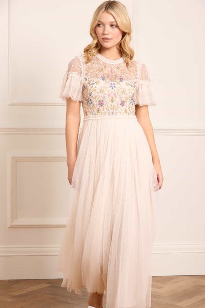 Flowerbed Embroidery Bodice Round Neck Ankle Gown