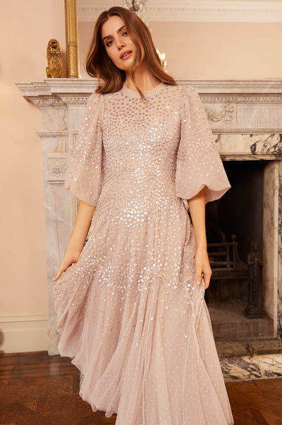 Scallop Sequin Round Neck Ankle Gown