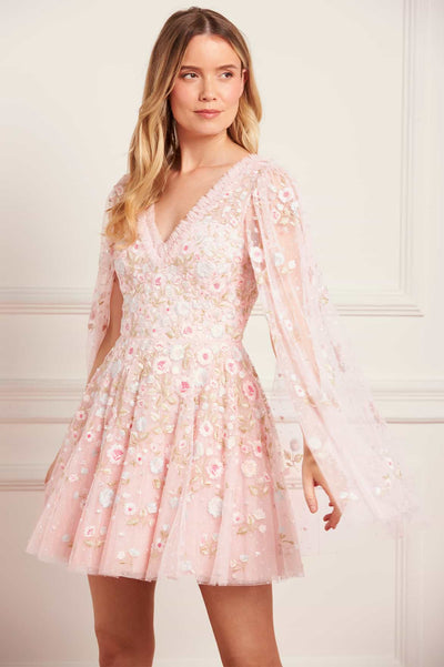 Ethereal Blooms Cape Sleeve Micro Mini Dress