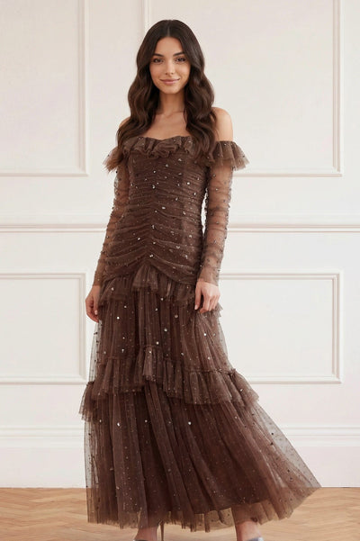 Sequin Glimmer Rouched Off-Shoulder Gown