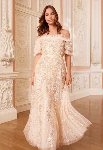 Confetti Ruffle Off-Shoulder Ankle Gown (robe de cheville à volants)