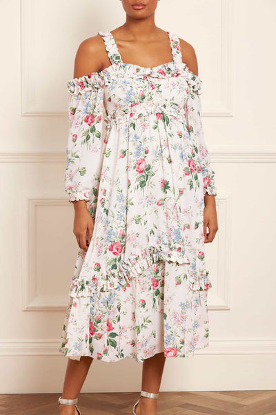 Floral Fantasy Crepe Off-Should Ballerina Dress