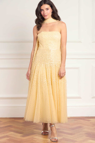 Sunrise Sequin Strapless Cape Ballerina Dress