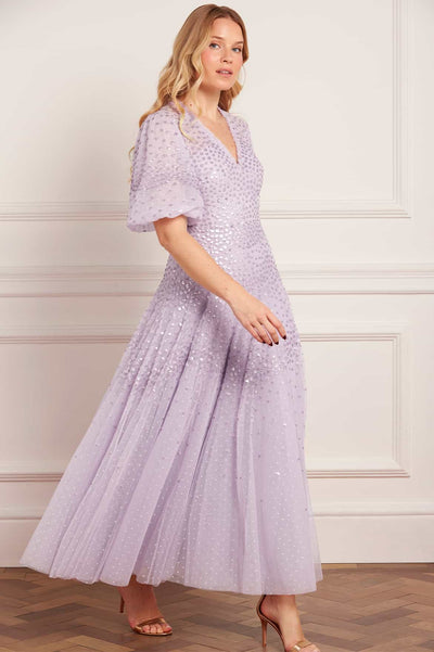 Scallop Sequin V-Neck Ankle Gown