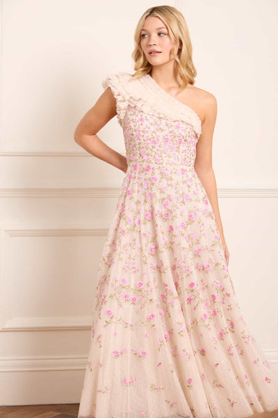 Lea Ditsy One-Shoulder Ankle Gown