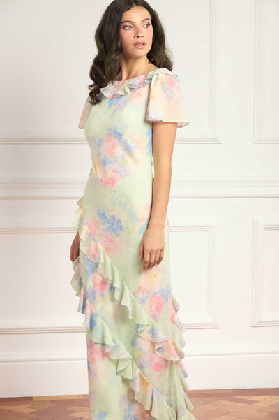Peony Bloom Georgette Short Sleeve Gown