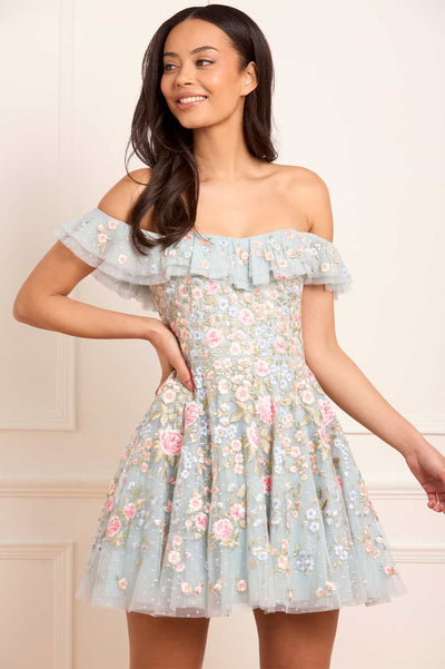 Antoinettes Floral Off-Shoulder Micro Mini Dress