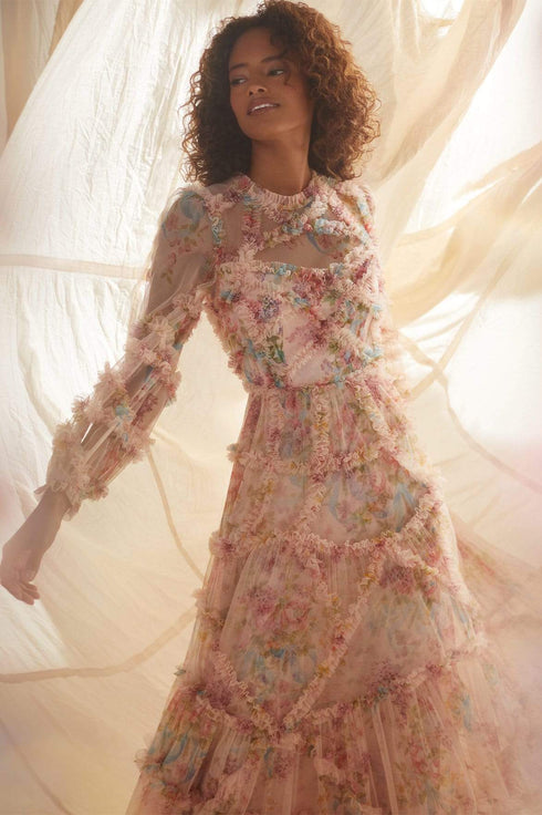 Gaun Ruffle Berlian Bunga - Merah Muda