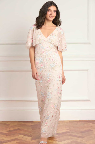 Peony Bouquet V-Neck Cape Gown