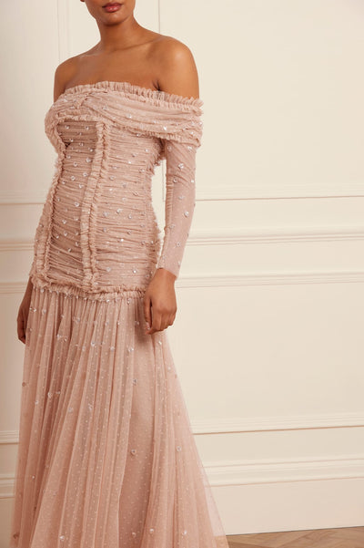 ラブハートルーテッドオフショルダーガウン