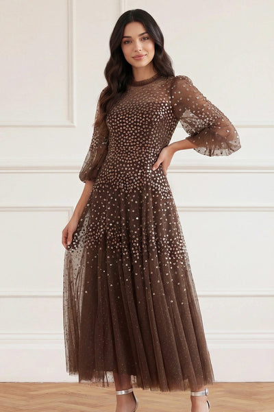 Scallop Sequin Round Neck Ankle Gown