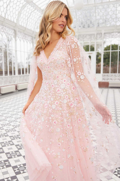 Ethereal Blooms Cape Sleeve Ankle Gown