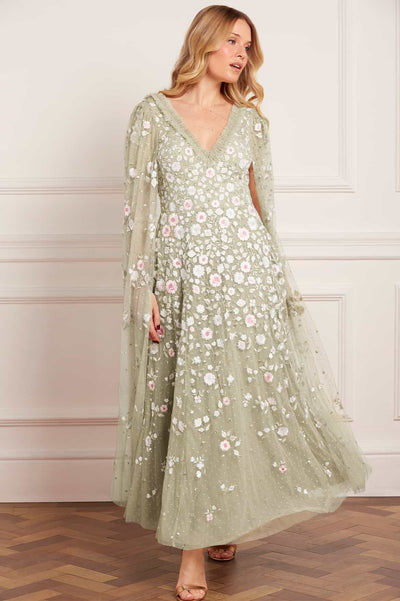 Ethereal Blooms Cape Sleeve Ankle Gown