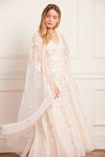 Ethereal Blooms Cape Sleeve Ankle Gown