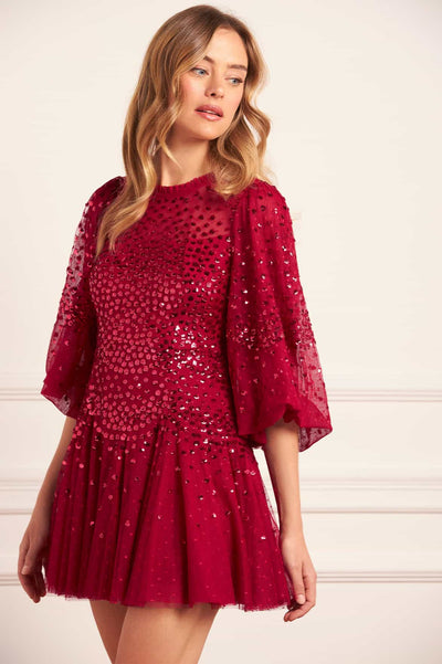 Scallop Sequin Round Neck Micro Mini Dress