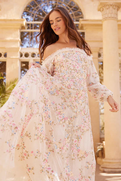 Vestido de manga comprida sem ombros com coroa de flores Lunaria