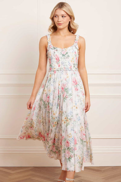 Pompadour Garden Chiffon Smocked Cami Ankle Gown