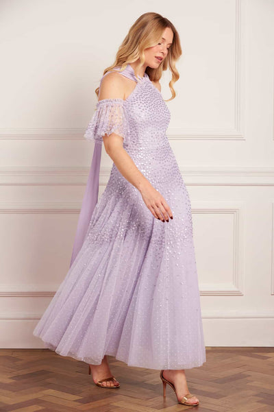 Scallop Sequin Halter-Neck Ankle Gown