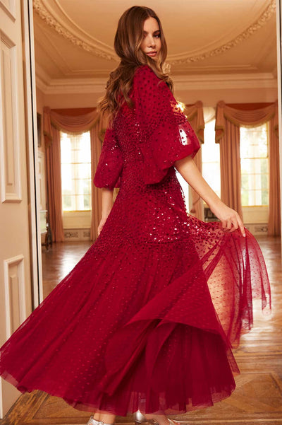 Scallop Sequin Round Neck Ankle Gown