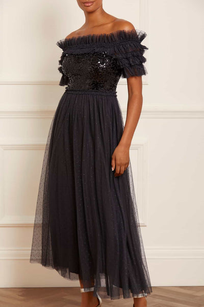 Flitrový veniec Bodice Off-Shoulder Ankle Gown