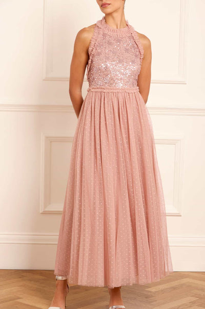 Kayan Yıldız Beden Halter Yaka Bilekten Elbise