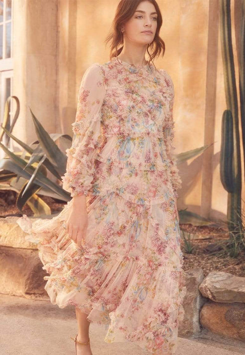 Floral Diamond Ruffle Ballerina Dress - Hồng
