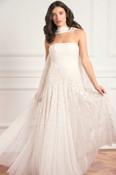 Lea Ditsy Strapless Cape Gown