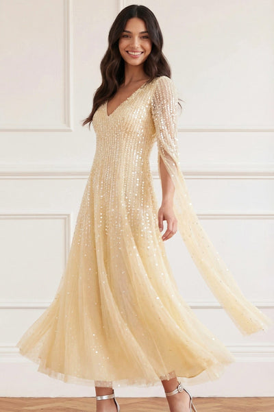 Moonlight Sequin V-Neck Cape Sleeve Ankle Gown