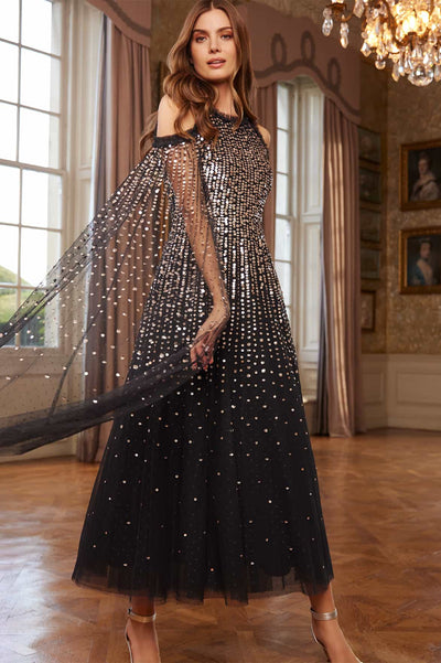 Moonlight Sequin Cape Sleeve Ankle Gown