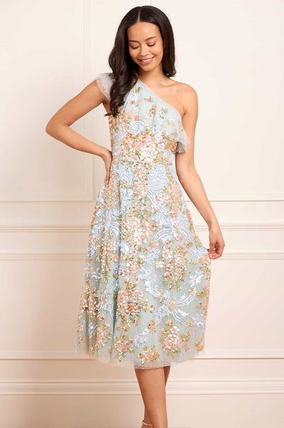 Baroque Floral One-Shoulder Midaxi Dress