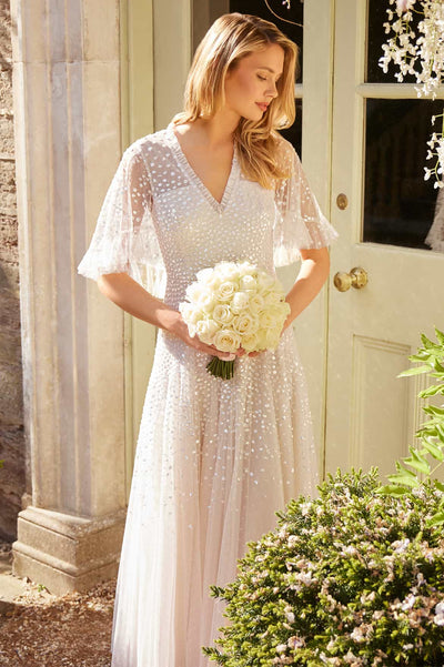 Dappled Sequin Cape Ankle Gown