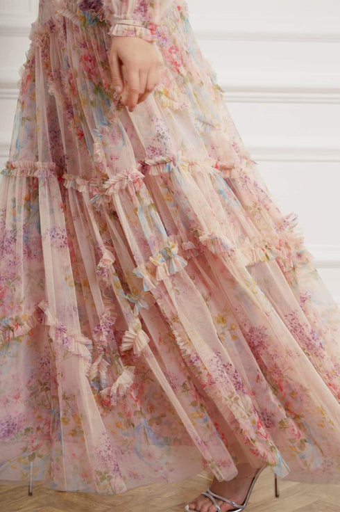Floral Diamond Ruffle Gown - Pink