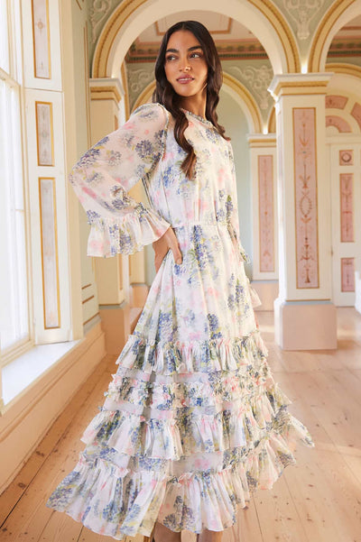 Hydrangea Chiffon Round Neck Ankle Gown