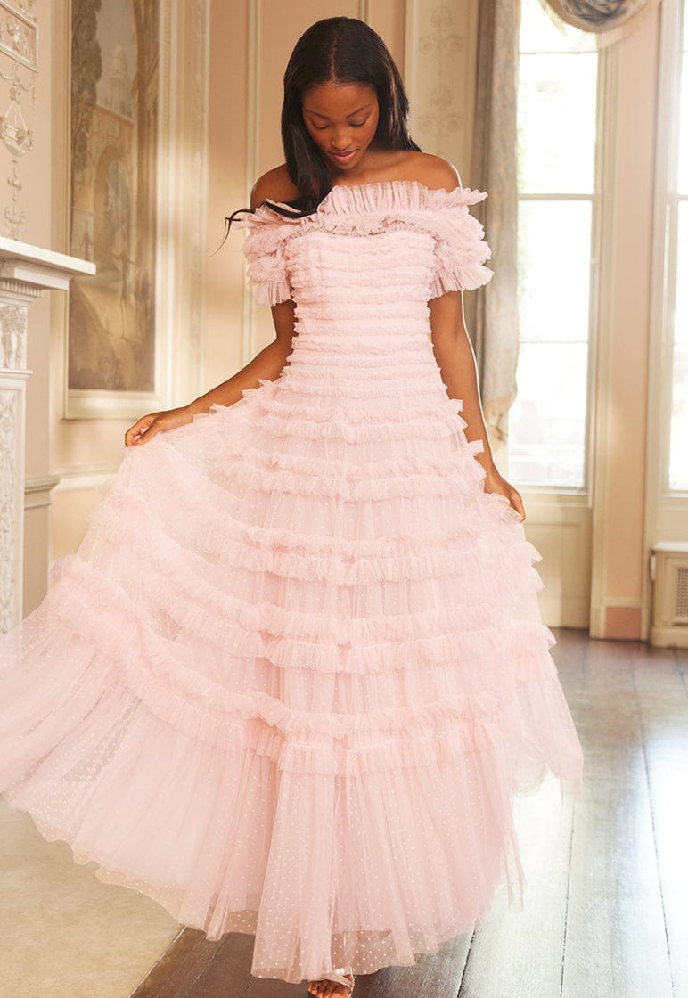A-Line Off Shoulder Pink Long Prom Dresses, Pink Tulle Formal Evening –  shopluu