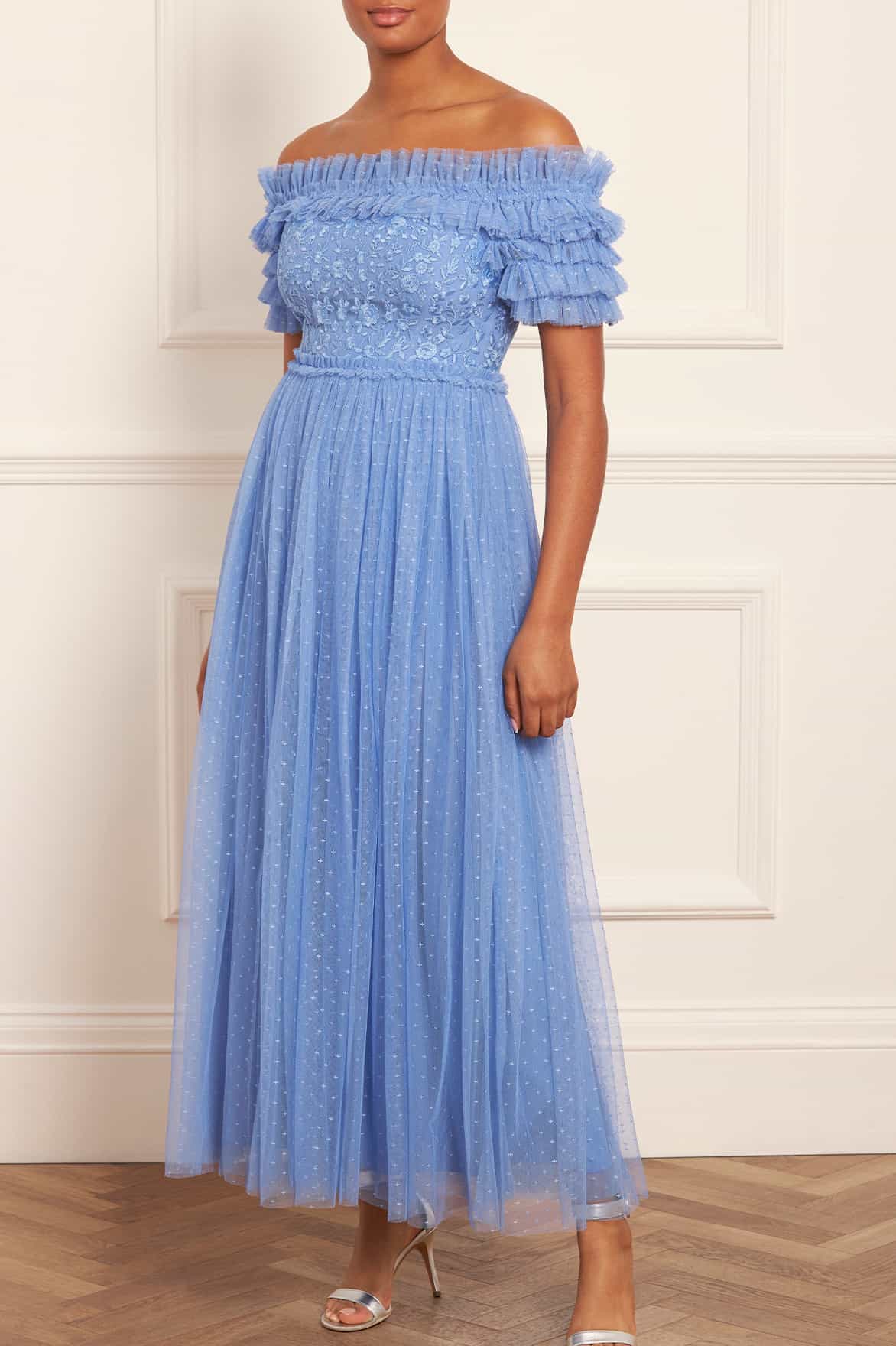 Midsummer Lace Bodice Off-Shoulder Ankle Gown – Blue | Needle & Thread