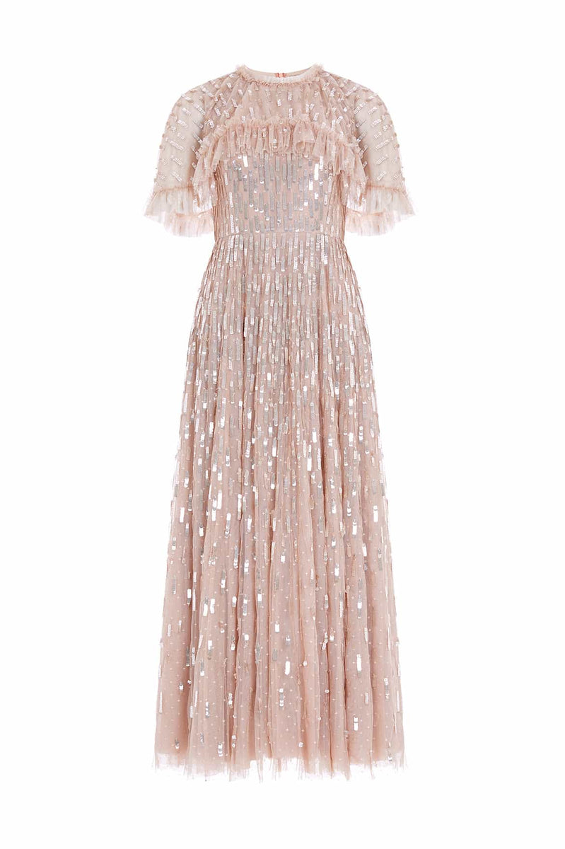 Sequin Dash Cape Ankle Gown – Beige | Needle & Thread