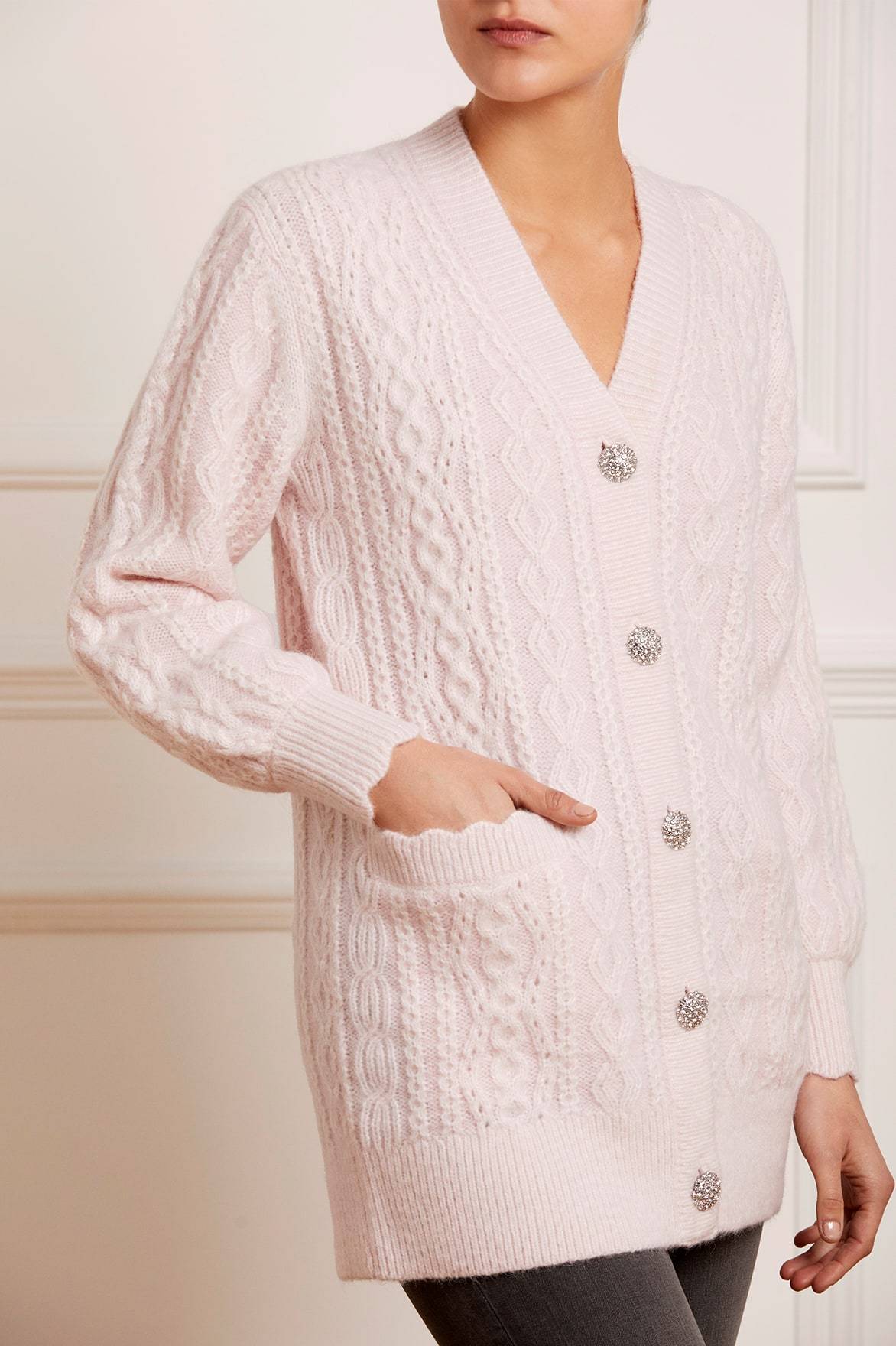 Cable Jewelled Button Longline Cardigan Pink Needle Thread