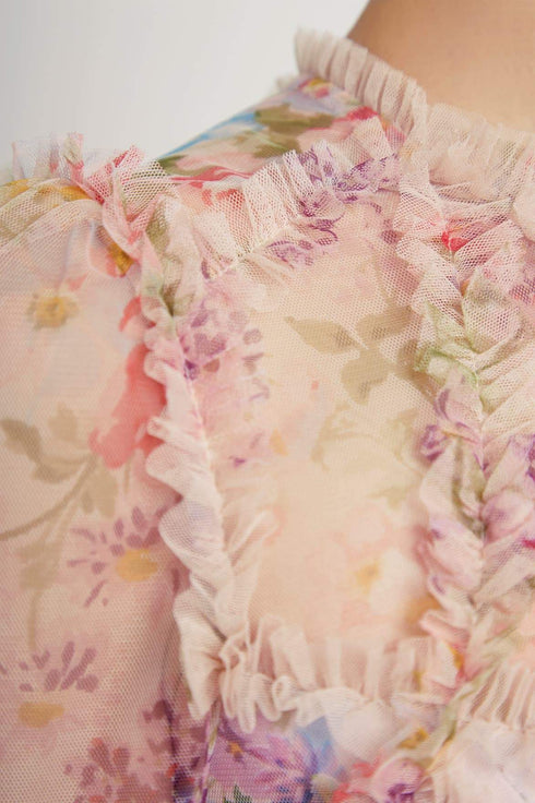 Floral Diamond Ruffle Ballerina Dress - Pink